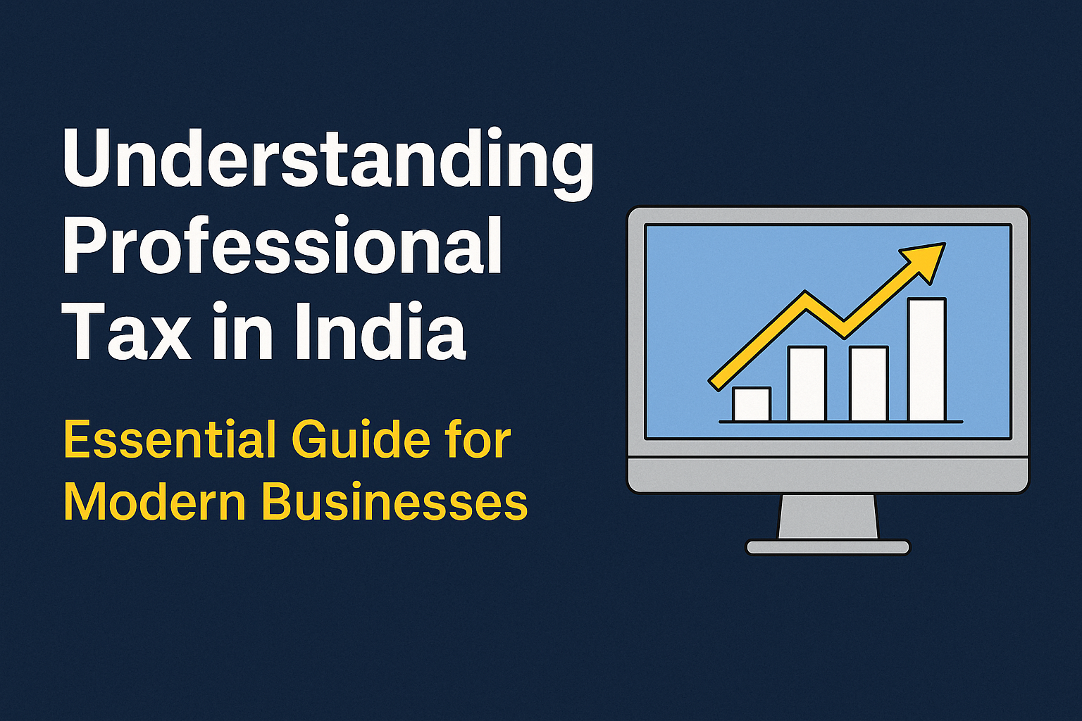 Thumbnail image with the title 'Understanding Professional Tax in India: Essential Guide for Modern Businesses' displayed beside a computer monitor showing an upward growth chart, symbolizing compliance and business success."