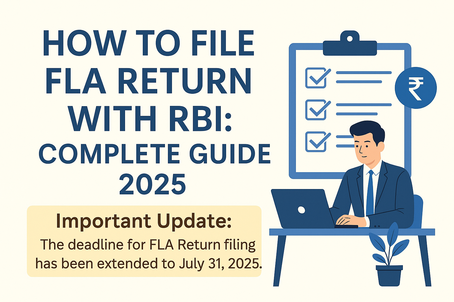 A man filing FLA Return on a laptop with RBI checklist and deadline reminder.