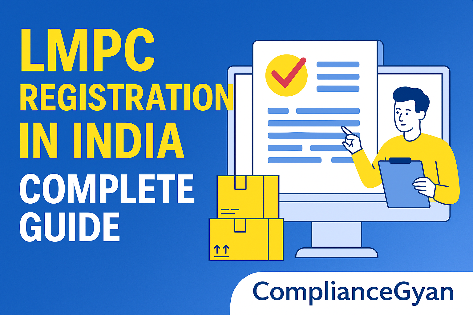"Thumbnail showing LMPC Registration process in India with checklist, packaging boxes, and ComplianceGyan branding"