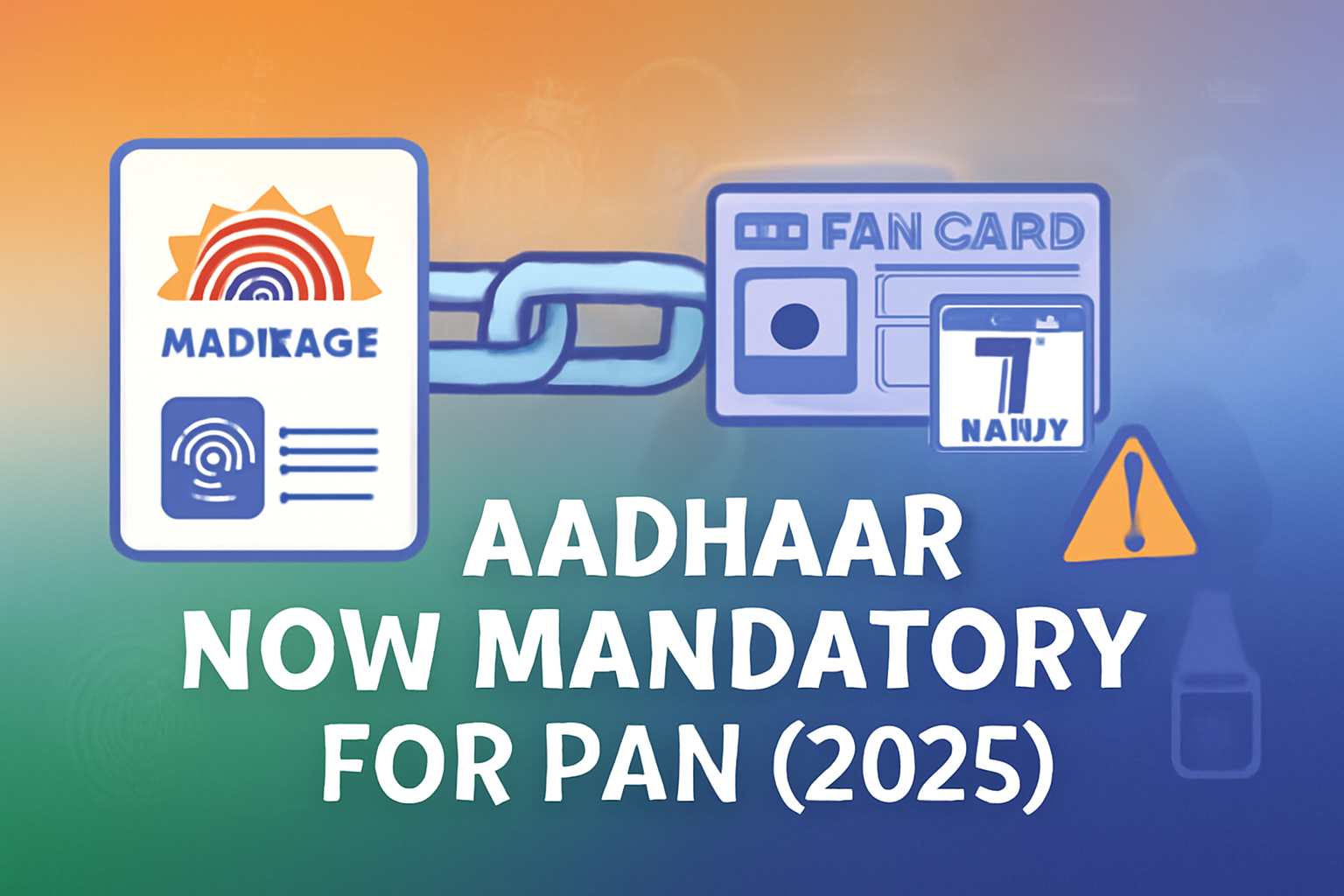 Aadhaar and PAN cards connected by a glowing digital chain, with bold text: "Aadhaar NOW Mandatory for PAN (2025)", India’s tricolor gradient background, calendar icon showing "1 July 2025", caution symbol, digital motifs, and the ComplianceGyan.in brand.