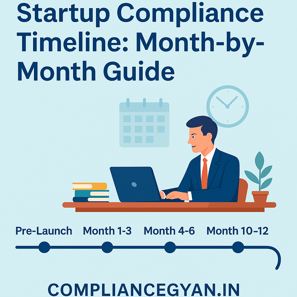 Illustration of a professional working on a laptop with a month-by-month startup compliance timeline below, featuring milestones like Pre-Launch, Month 1-3, and ComplianceGyan.in branding.