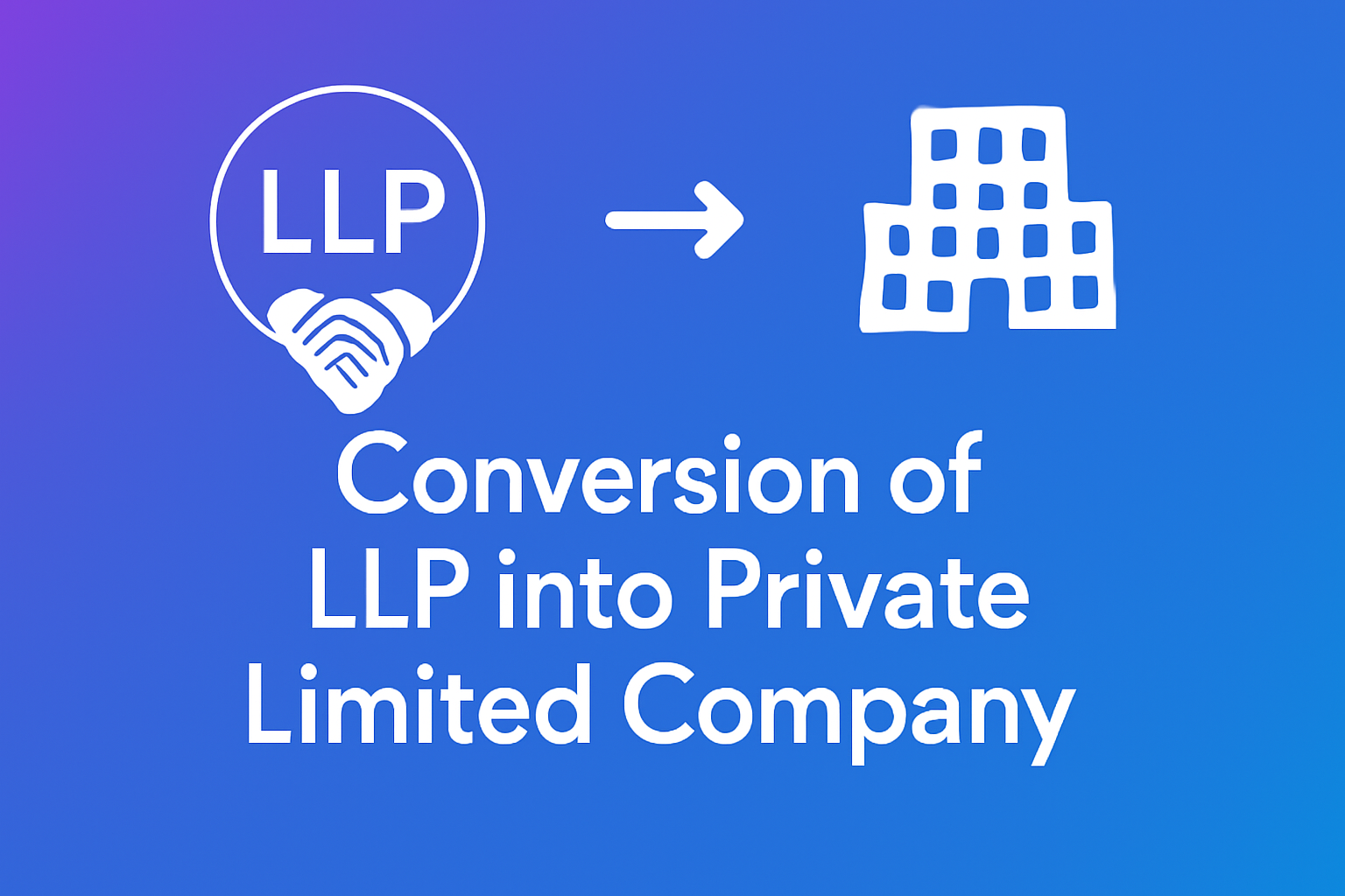 Illustration showing the conversion of an LLP (symbolized by handshake or partnership icon) into a Private Limited Company (represented by a modern office building), with a transformation arrow in between and the text “Conversion of LLP into Private Limited Company” on a blue-purple gradient background.