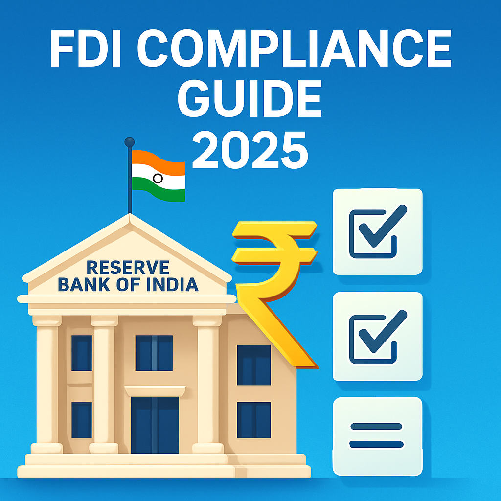 Thumbnail for FDI Compliance Guide 2025 featuring RBI building, Indian flag, rupee symbol, and checklist icons on a blue gradient background with ComplianceGyan.in branding