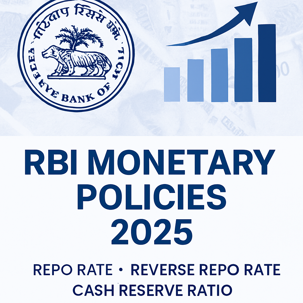 RBI Monetary Policies 2025 thumbnail featuring the RBI emblem, financial charts, Indian currency in a blue and white theme, with focus on the terms Repo Rate, Reverse Repo Rate, and Cash Reserve Ratio.