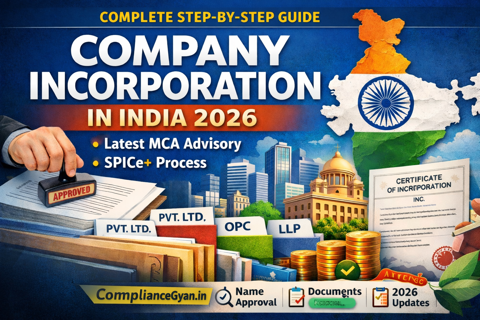 Step-by-step guide to company incorporation in India 2026 showing SPICe+ process, MCA updates, certificate of incorporation, and business registration icons.